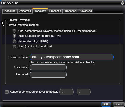 Digital Voice To activate STUN click Topology, under STUN server, click Use specified server: stun.yourvoipcompany.com